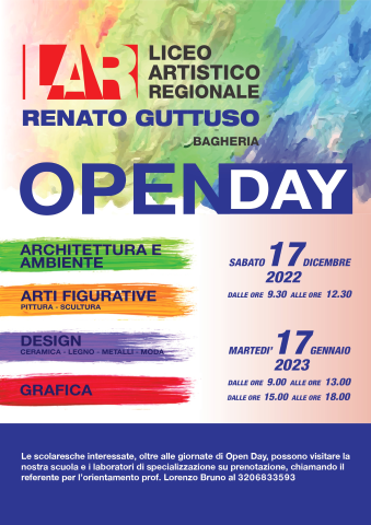Seconda giornata di Open Day  Liceo Artistico Renato Guttuso Bagheria.  Martedì 17 gennaio 2023.
